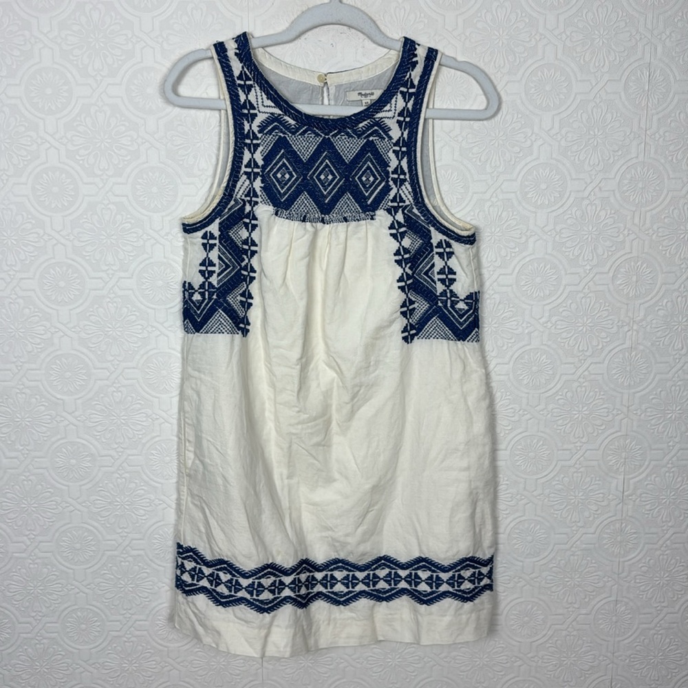 Madewell Sleeveless Dress Summer Blue White Picnic XS Linen Cotton Spring Casual